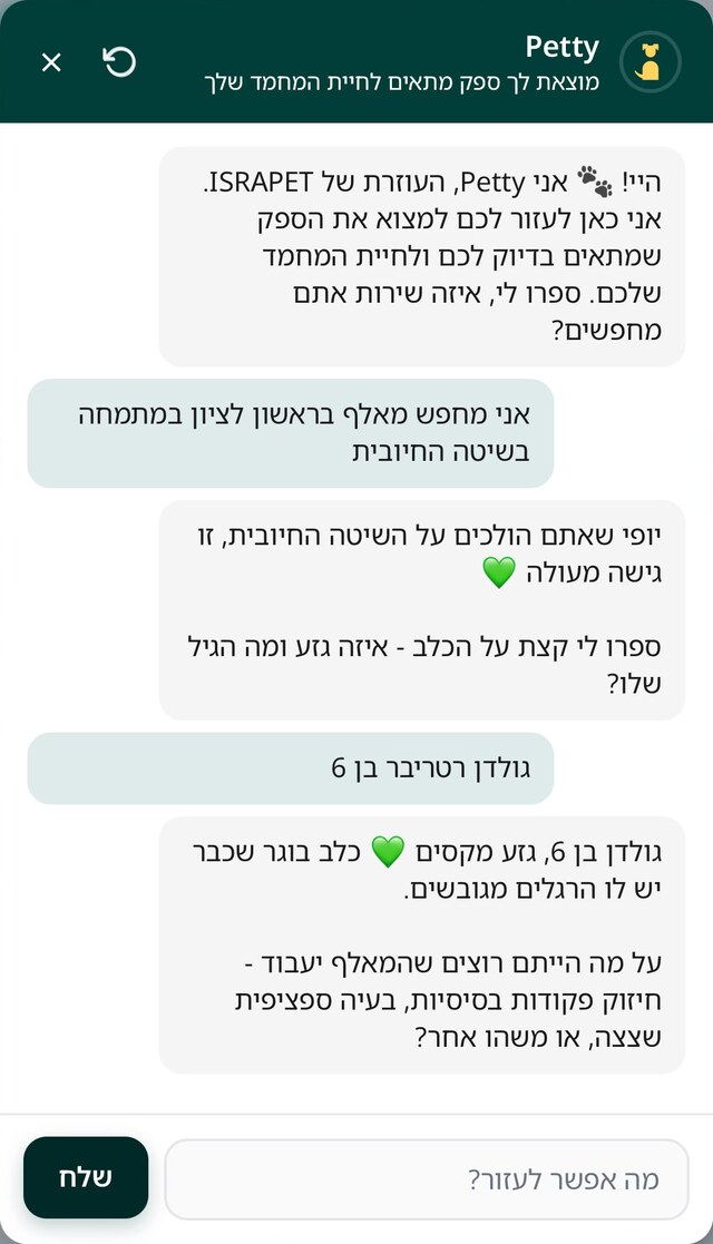 פטי, העוזרת האישית של ישראפט - שיחה שבה הגולש מתאר את הצורך שלו במילים שלו והמערכת מציגה ספקים מתאימים